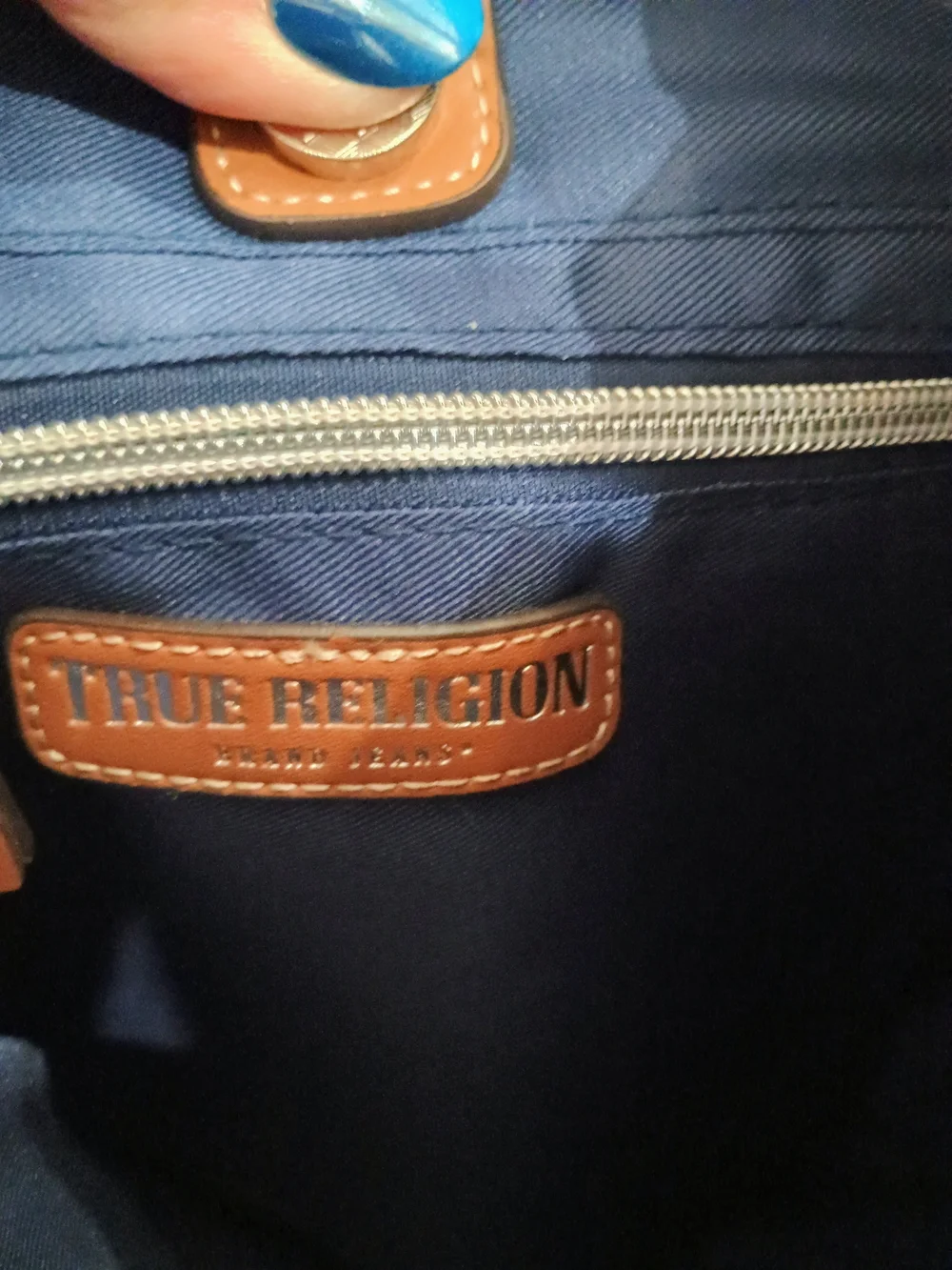 True Religion Two-Tone Denim Patch Hobo with Tan Trim